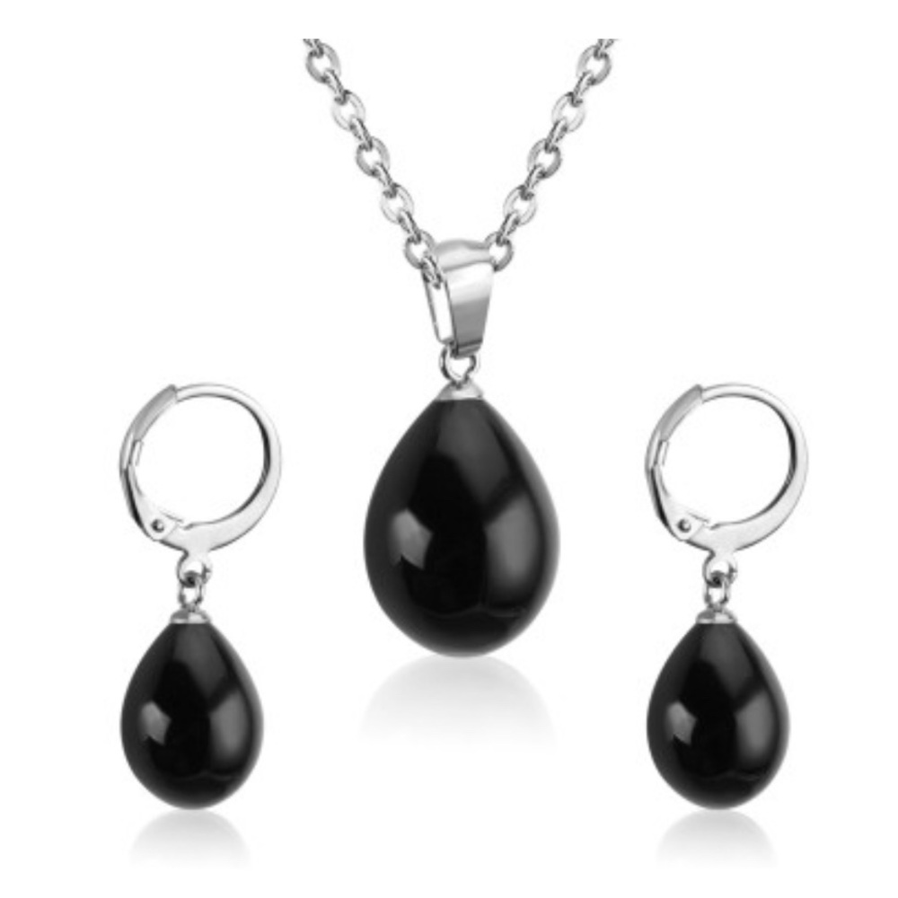 Beautiful Black Raindrop Stainless Steel 17” Necklace and Earring Set
